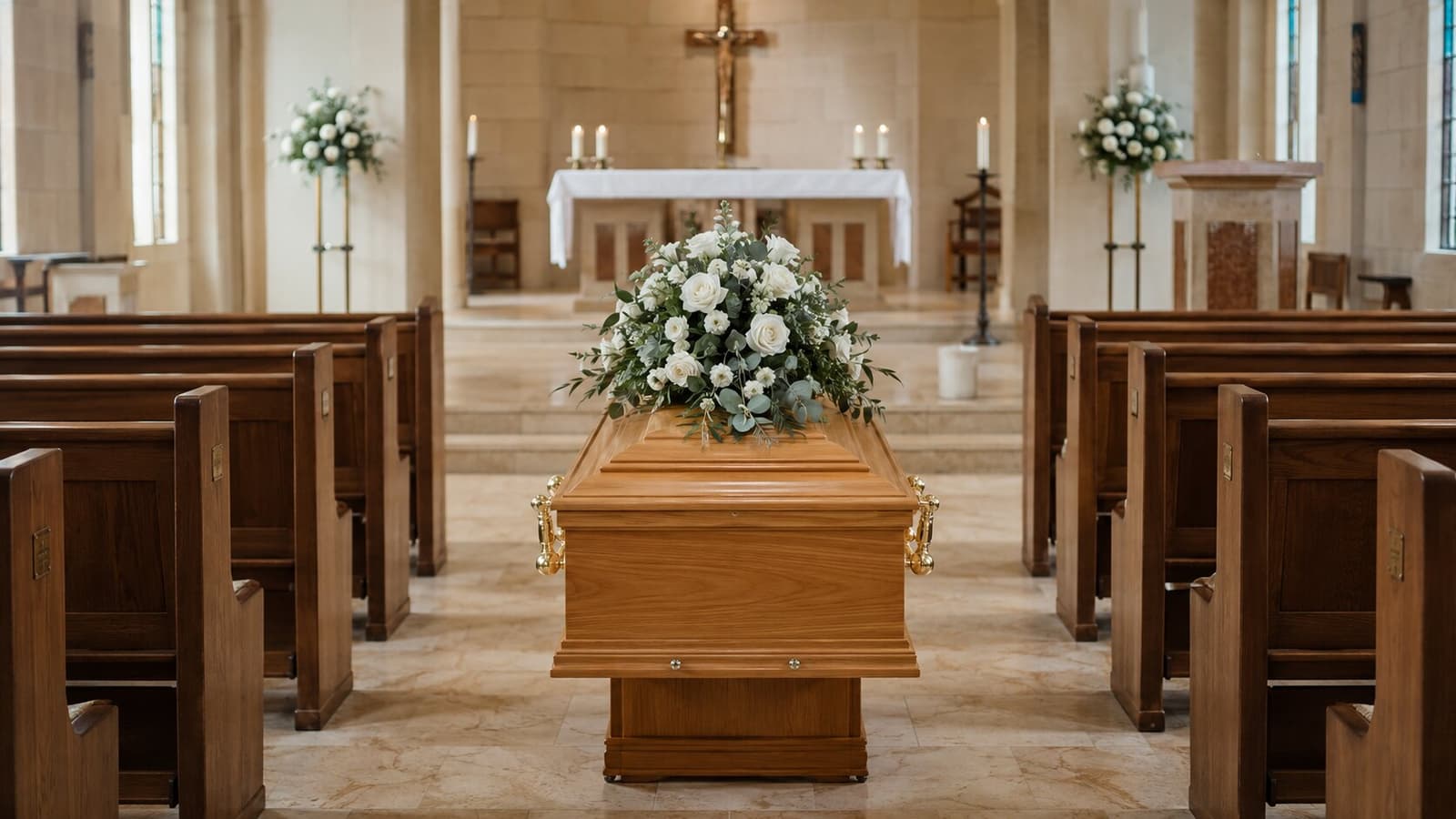 A flower-covered casket positioned in the centre aisle of a Catholic church during a funeral Mass, facing the altar