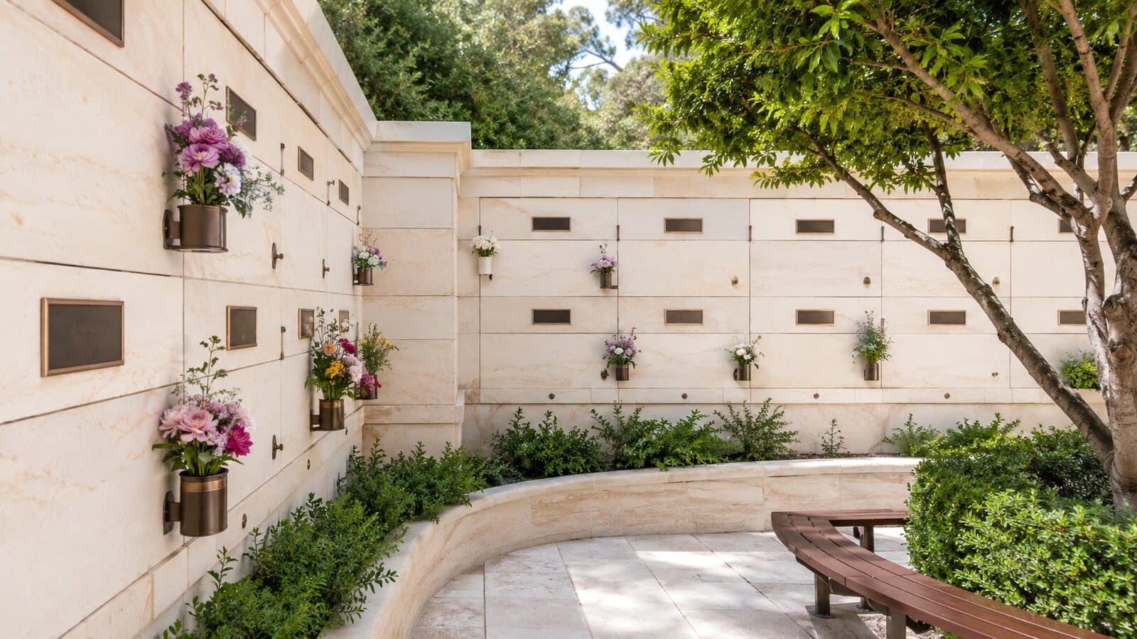 Direct cremation in Australia: a sunlit memorial niche wall in a garden of remembrance