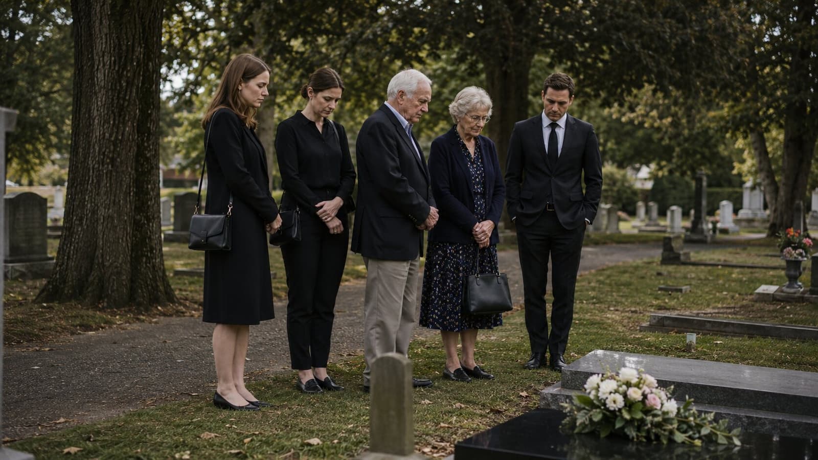 A family in dark clothing standing together at a graveside service