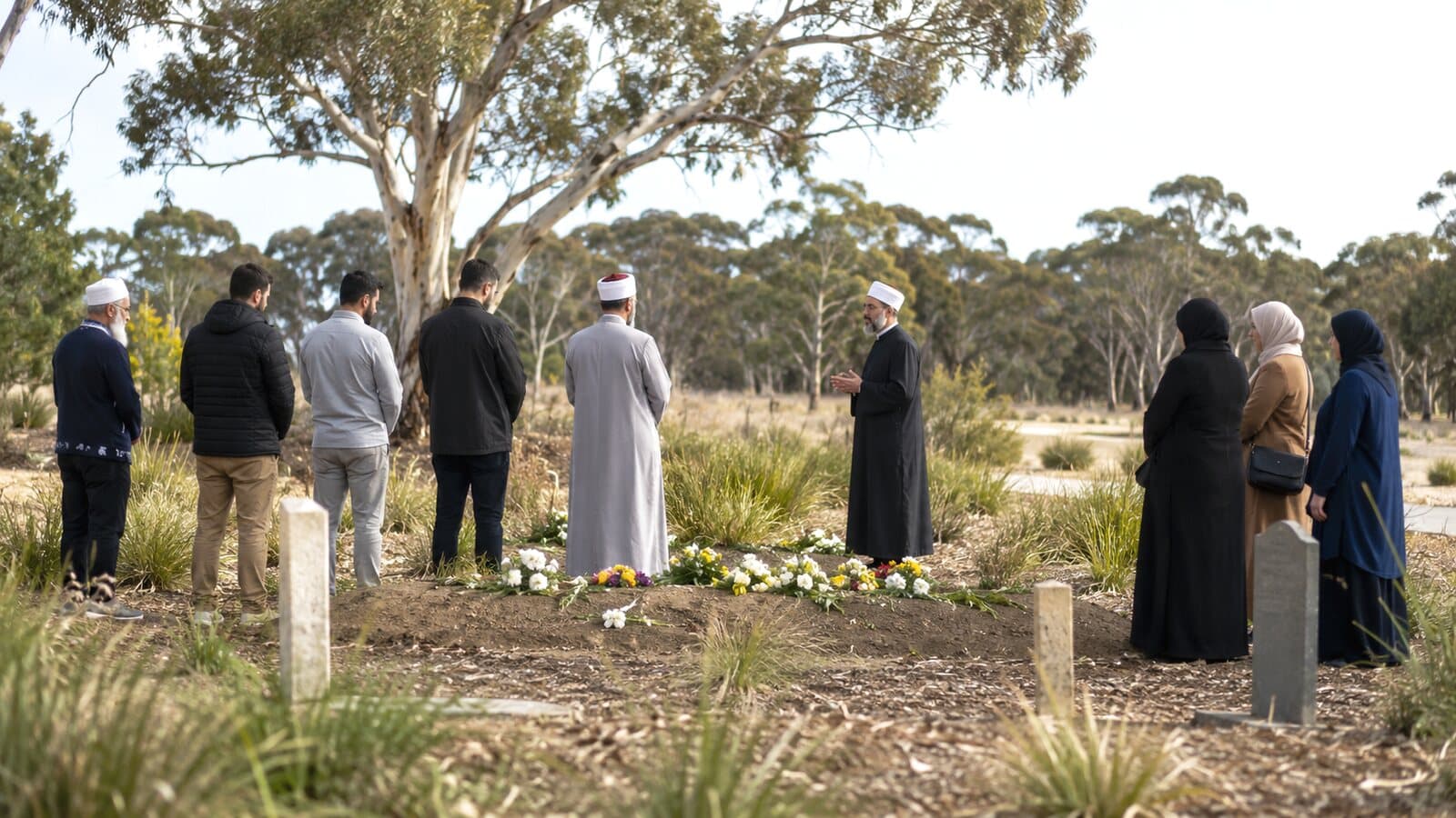 Muslim funerals in Australia: family gathered for an Islamic burial in a natural cemetery