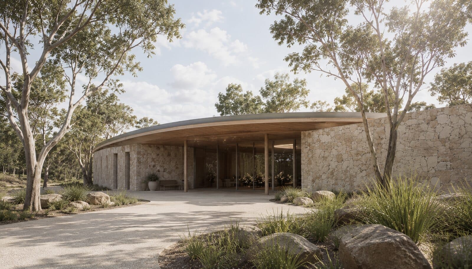 What happens at a cremation in Australia: a modern crematorium chapel among native bushland