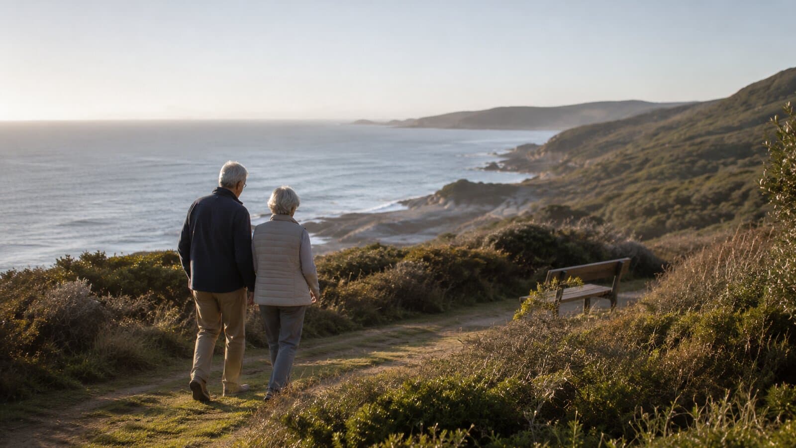 What to do when someone dies in Australia: an older couple taking a quiet moment on a coastal path