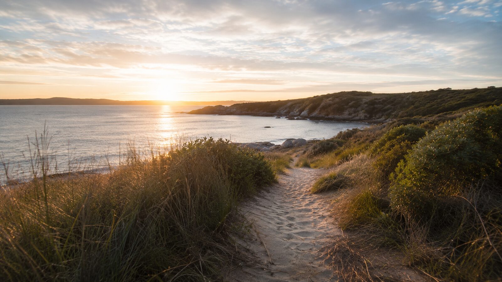 An Australian coastal path at sunset