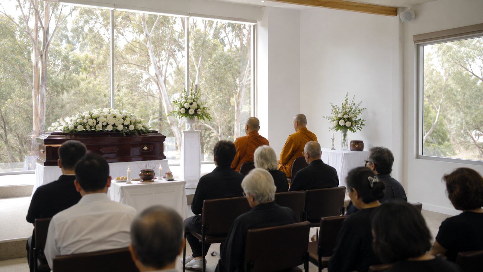 Buddhist funerals in Australia: saffron-robed monks beside a coffin at a light-filled service