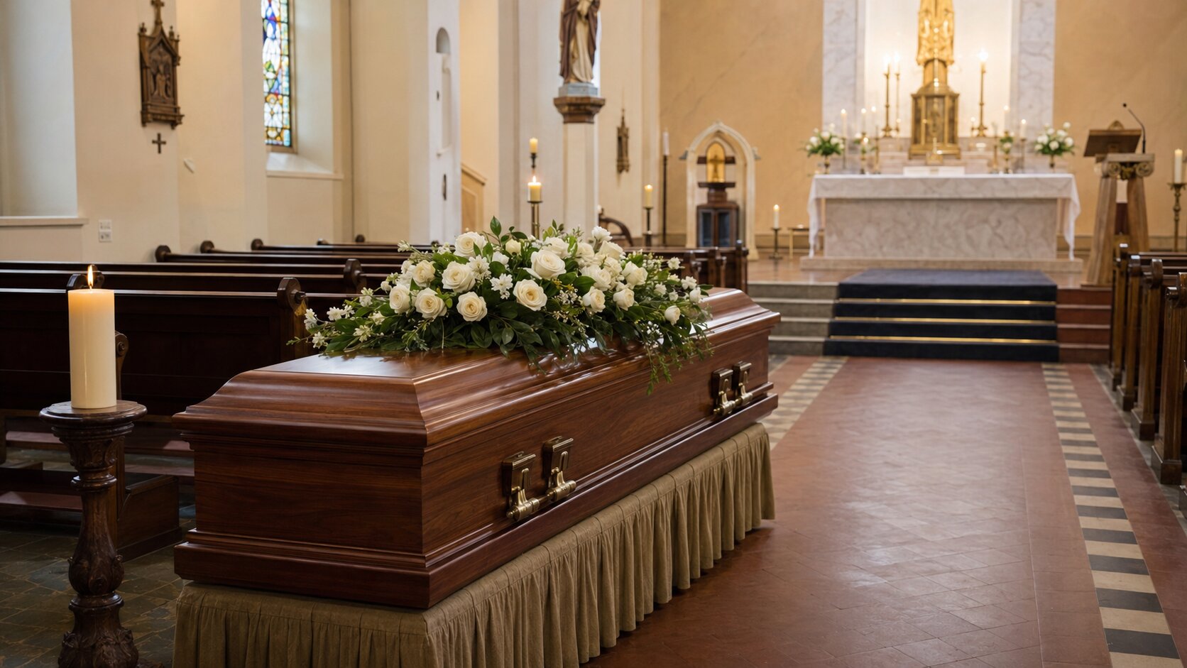 A casket adorned with white roses beside a lit candle in a Catholic church