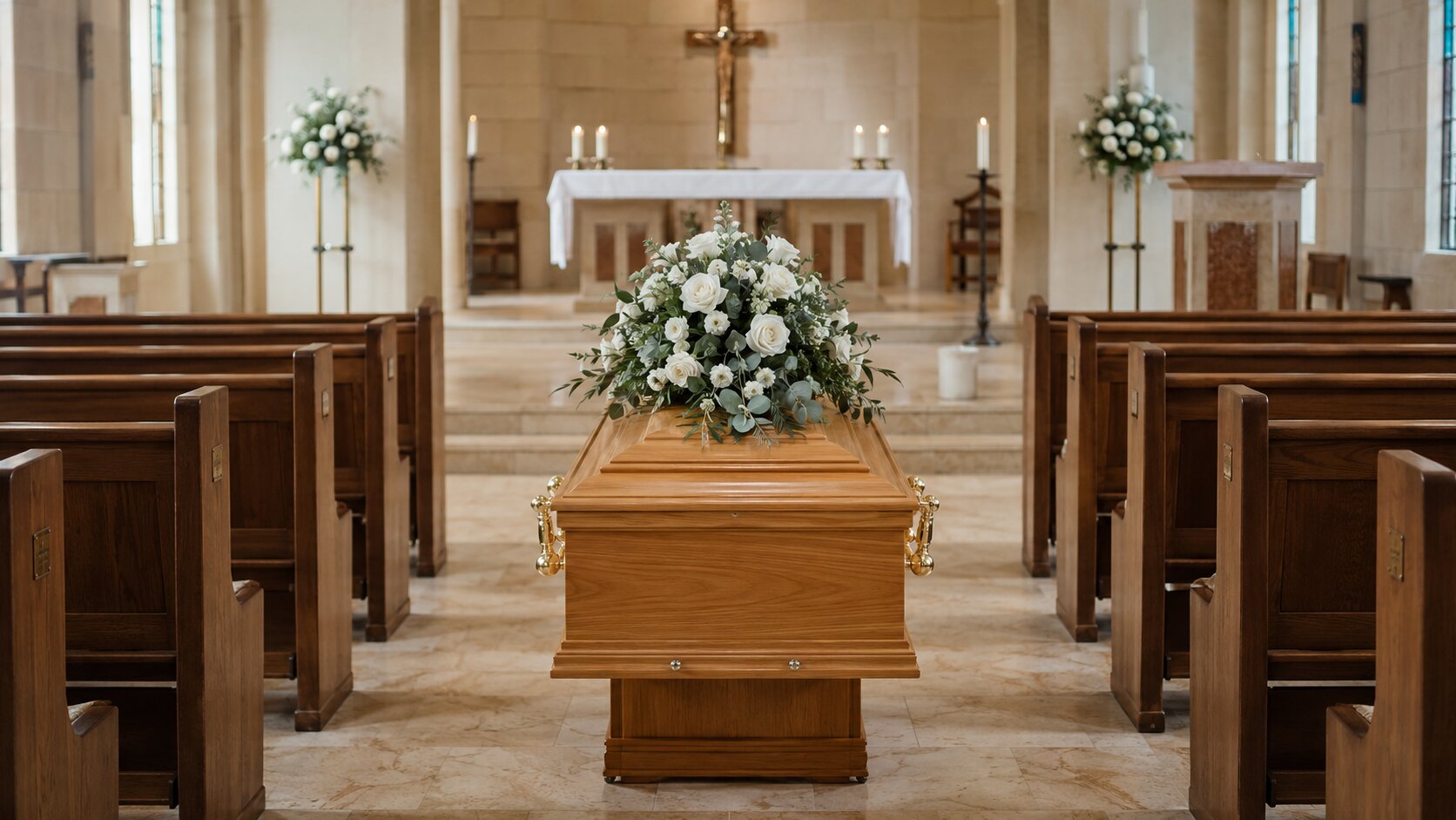 A flower-covered casket positioned in the centre aisle of a Catholic church during a funeral Mass, facing the altar