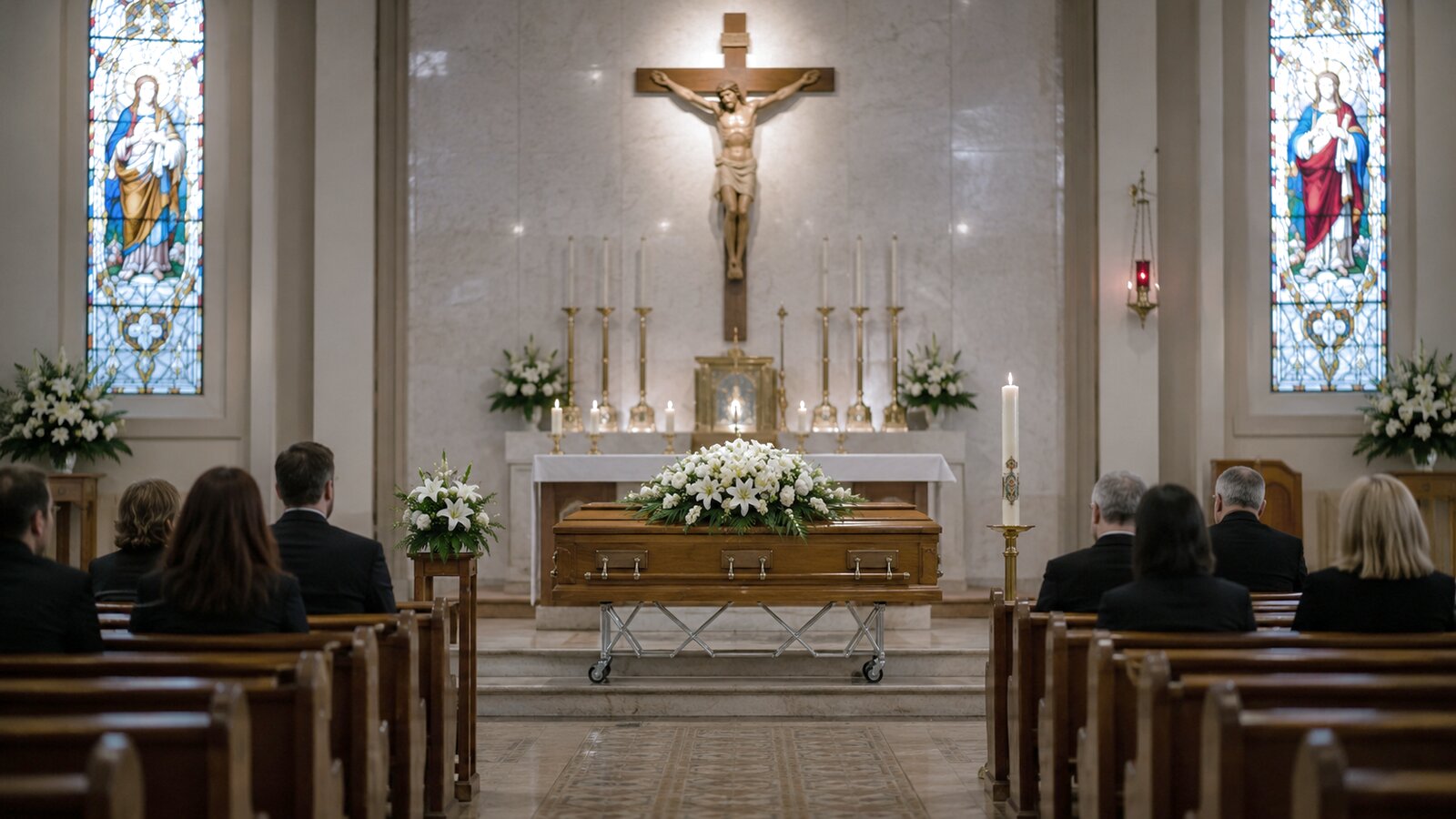 Catholic funerals in Australia: a church with a crucifix and stained glass during a funeral service