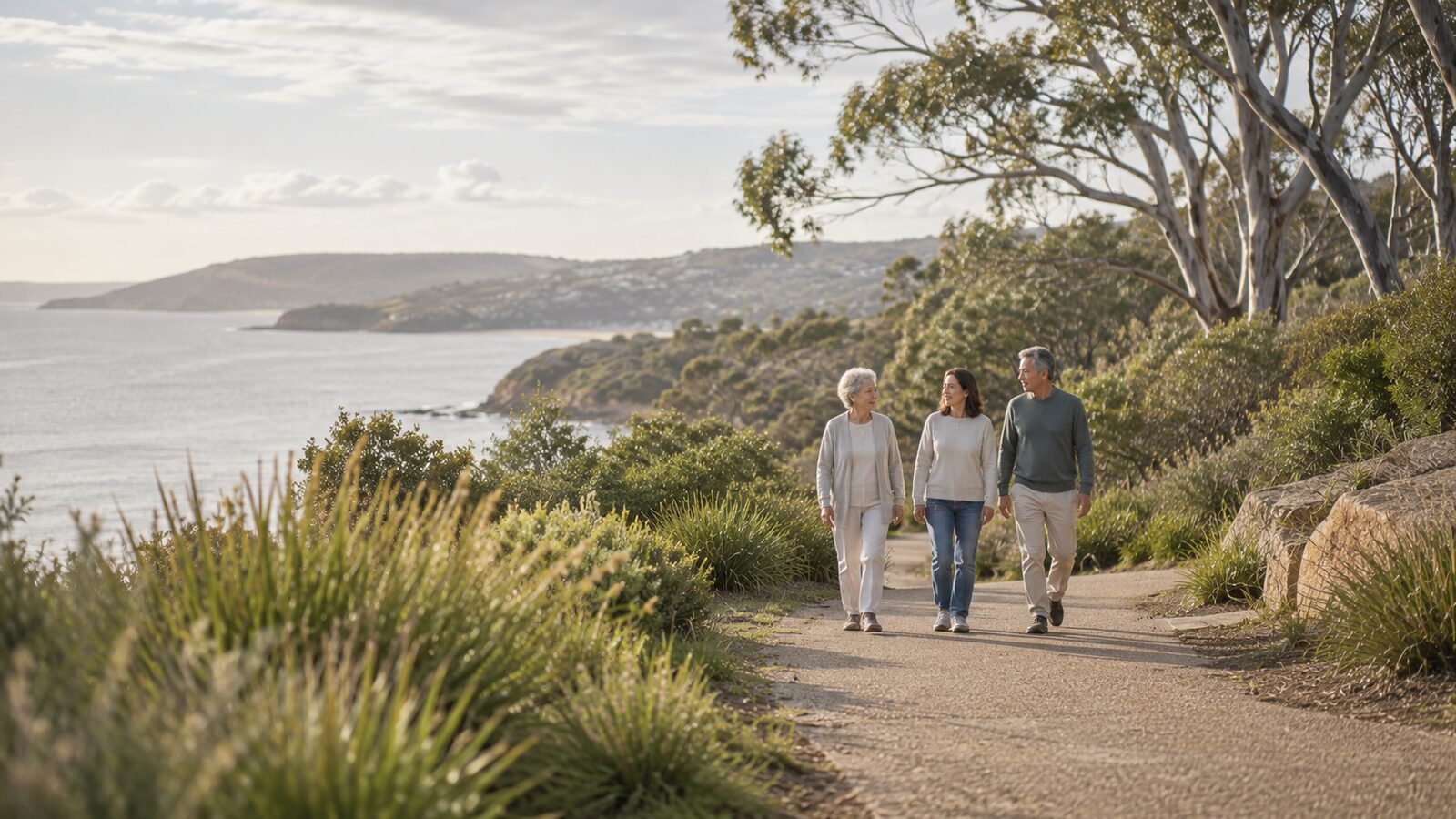 Celebration of life ideas in Australia: a family walking a coastal path among native plants, remembering a loved one