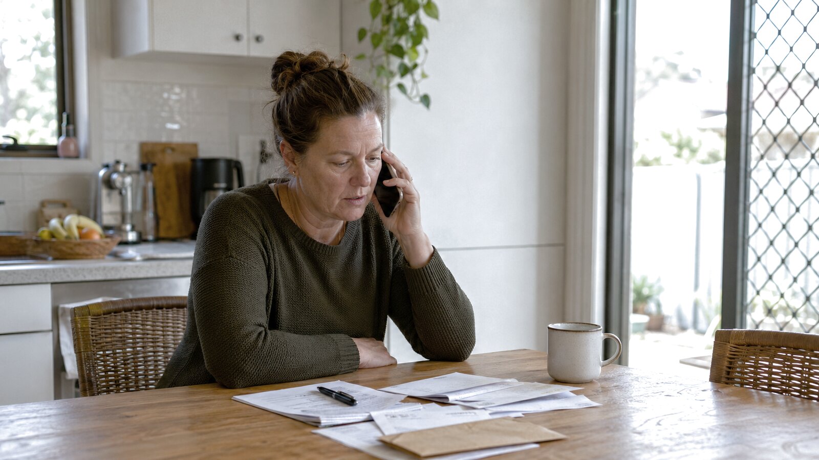 Centrelink bereavement payments: a woman on the phone with paperwork at a kitchen table