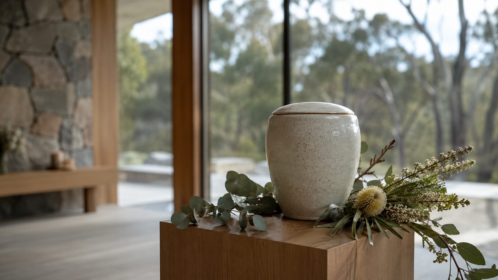 A ceramic cremation urn beside native flowers by a window