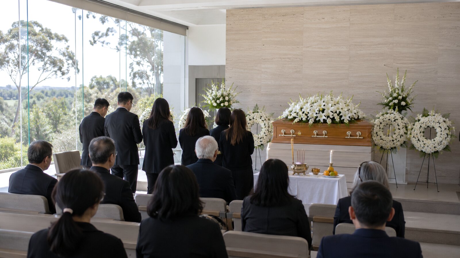 Chinese Australian funerals: family gathered with white floral wreaths at a service