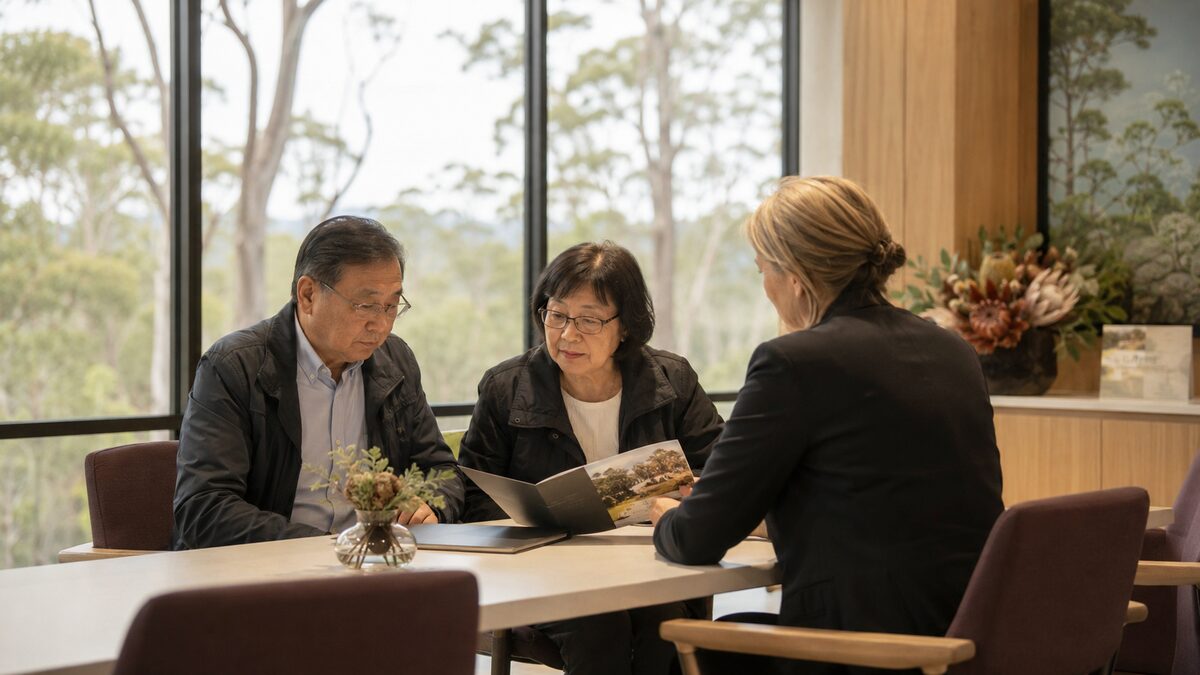 Choosing a funeral director: a family meeting with a director at a table