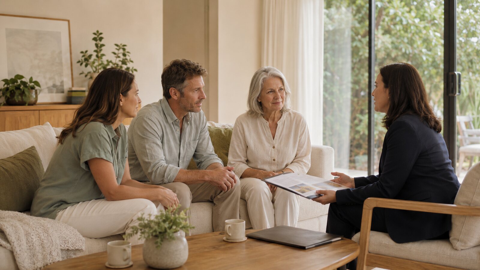 Choosing a funeral director in Australia: a family talking with an adviser at home