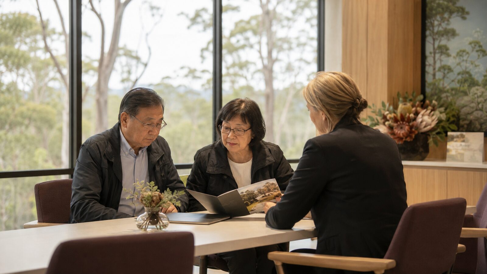A couple comparing options with a funeral director