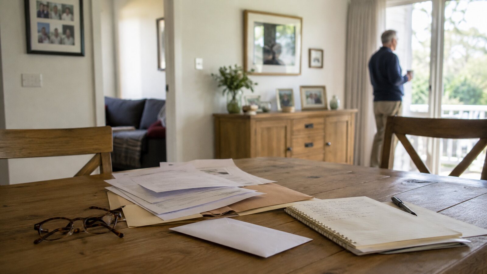 Death certificate in Australia: documents and reading glasses on a dining table
