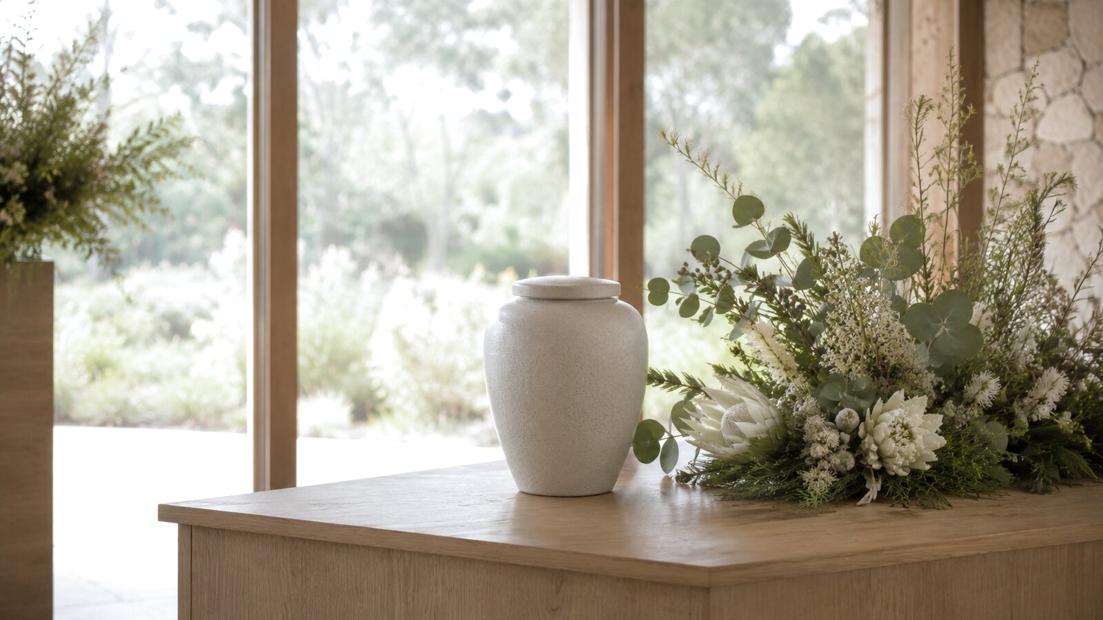 A simple memorial urn with native flowers by a garden window