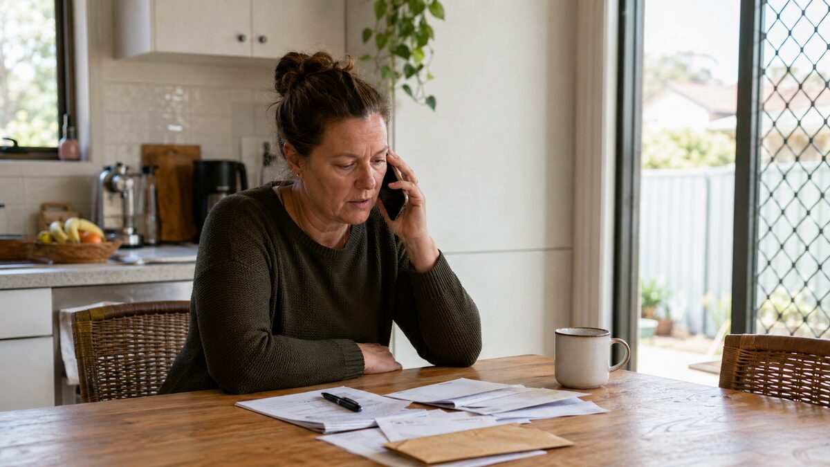 Early super release for a funeral: a person on the phone with paperwork at home