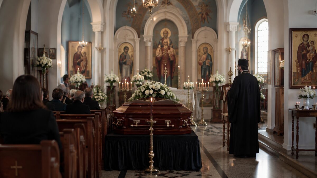 Orthodox funeral service with an open coffin, candles and icons in a church