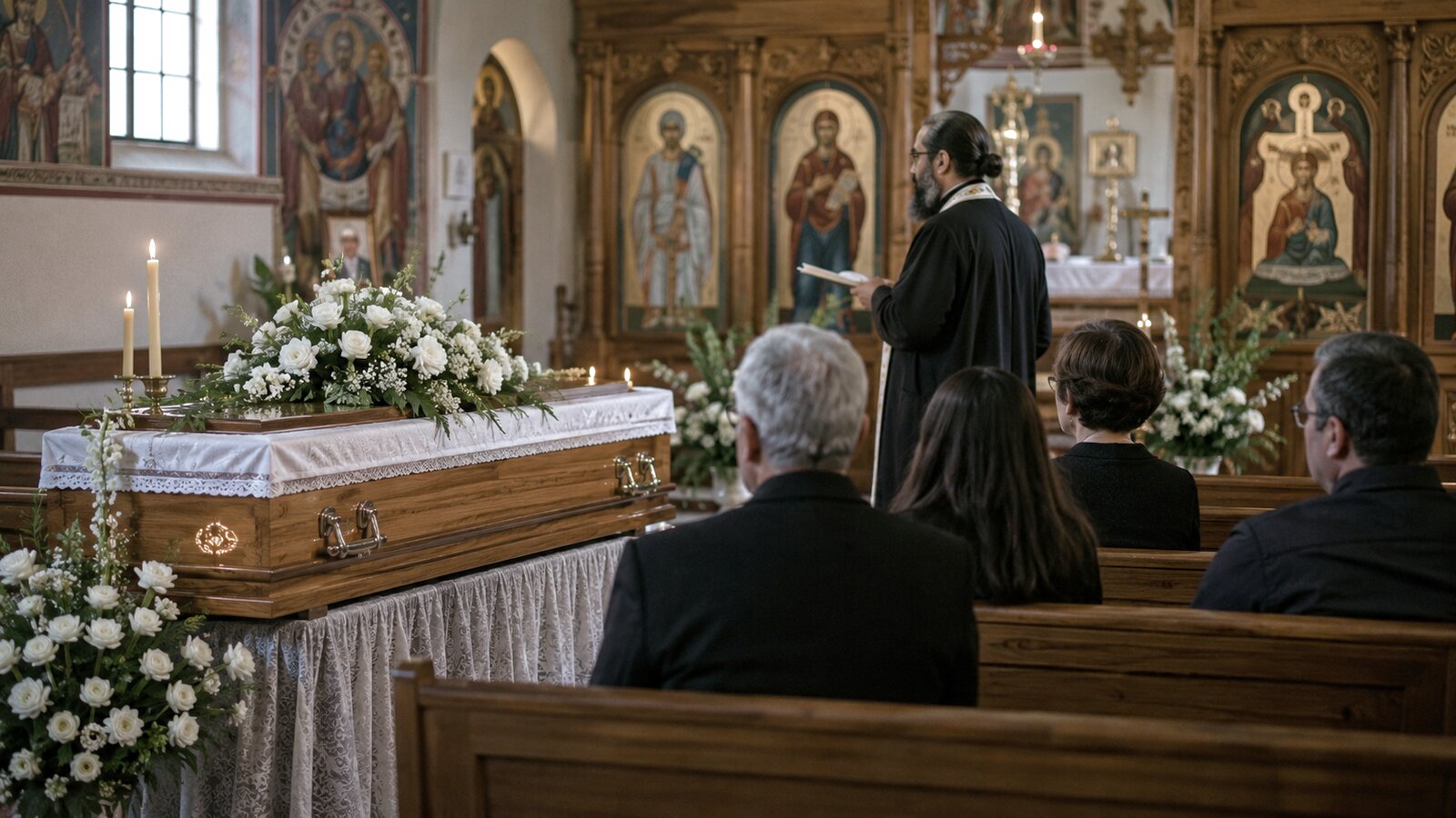 Eastern Orthodox funerals in Australia: an Orthodox church with icons and candles during a service