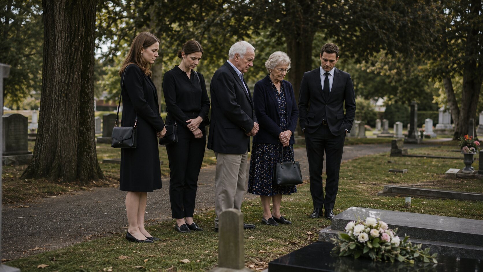 A family in dark clothing standing together at a graveside service