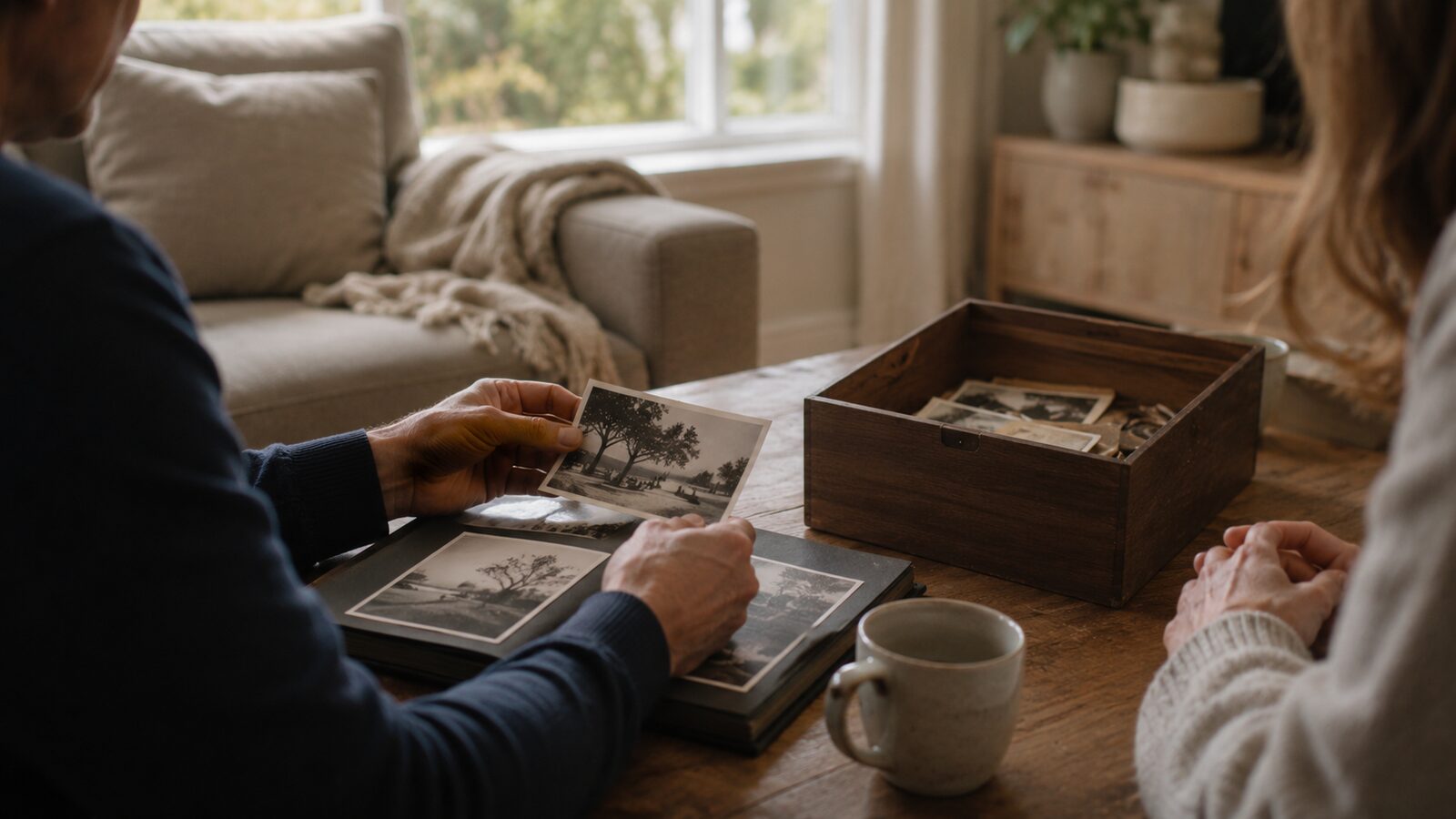A family looking through old photographs together at home