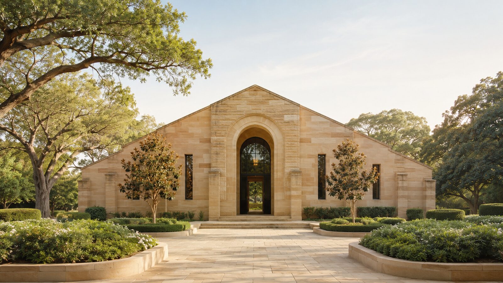 Funeral costs in NSW: a sandstone memorial chapel and garden in soft morning light