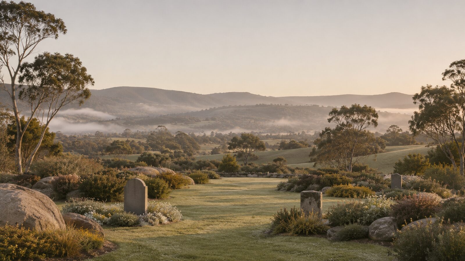 Funeral costs in Tasmania: a bushland cemetery among misty hills