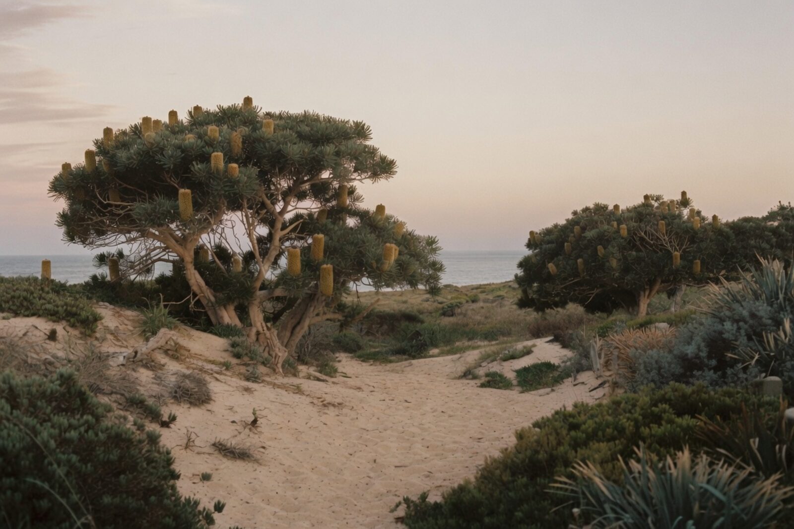 Funeral costs in Western Australia: a coastal banksia path at dusk