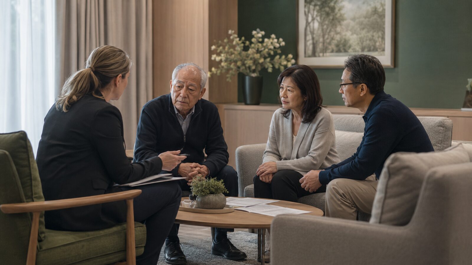 A funeral director meeting with a family at home
