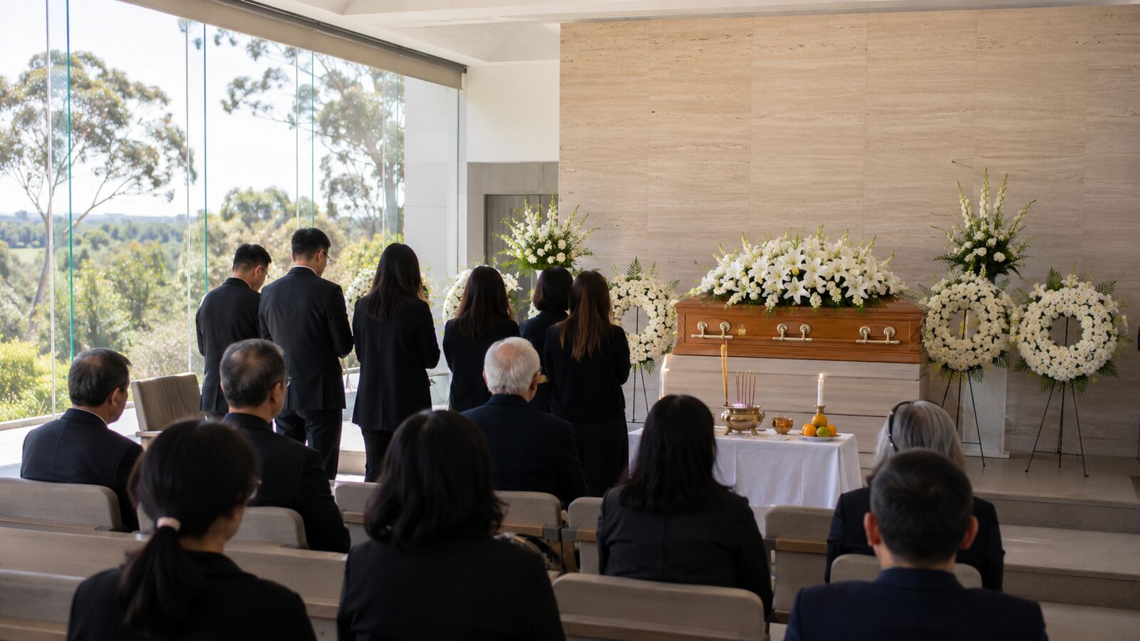 Family and friends seated at a funeral service in a light-filled chapel