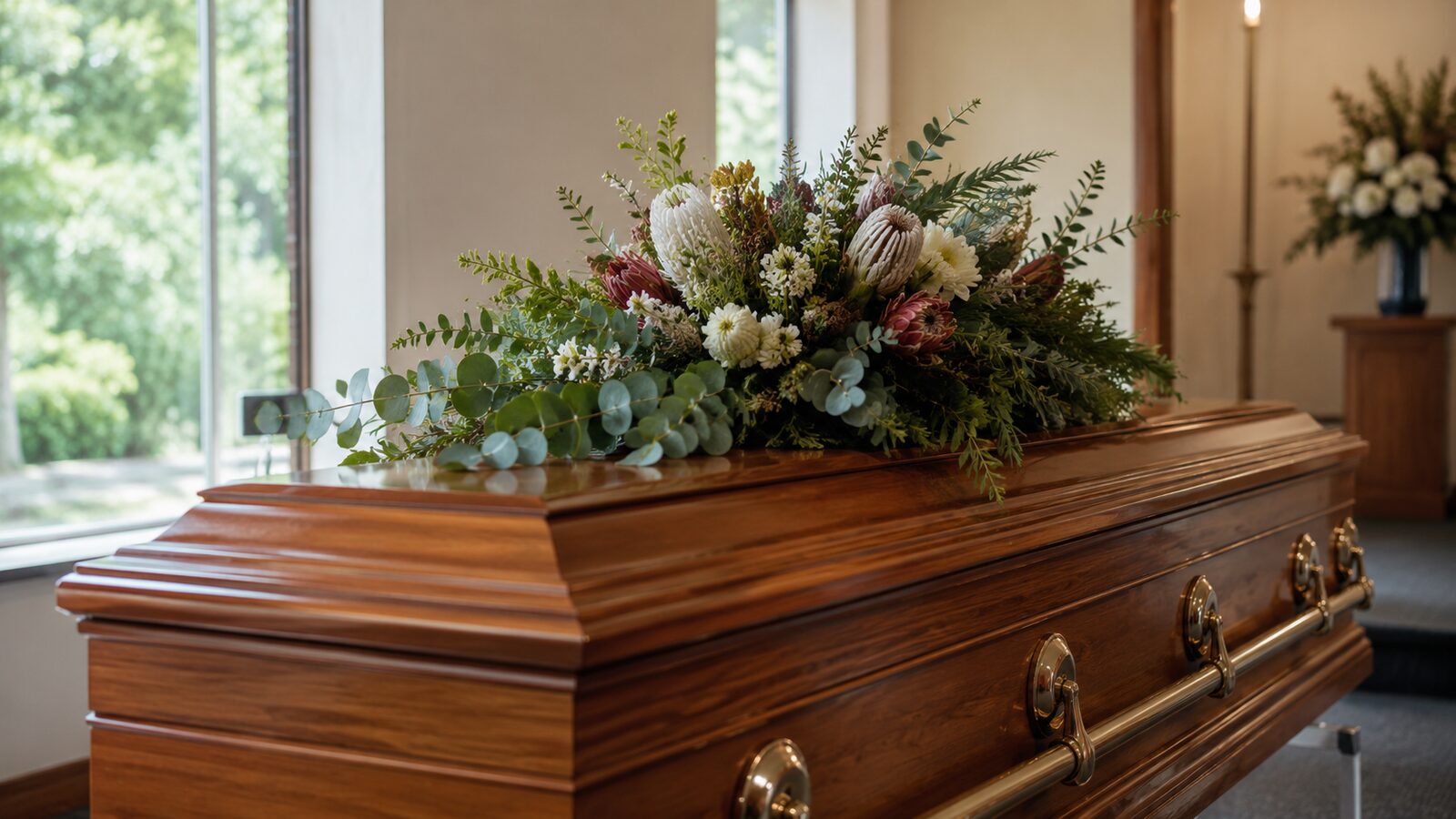 Native flowers arranged beside a polished timber coffin by a window