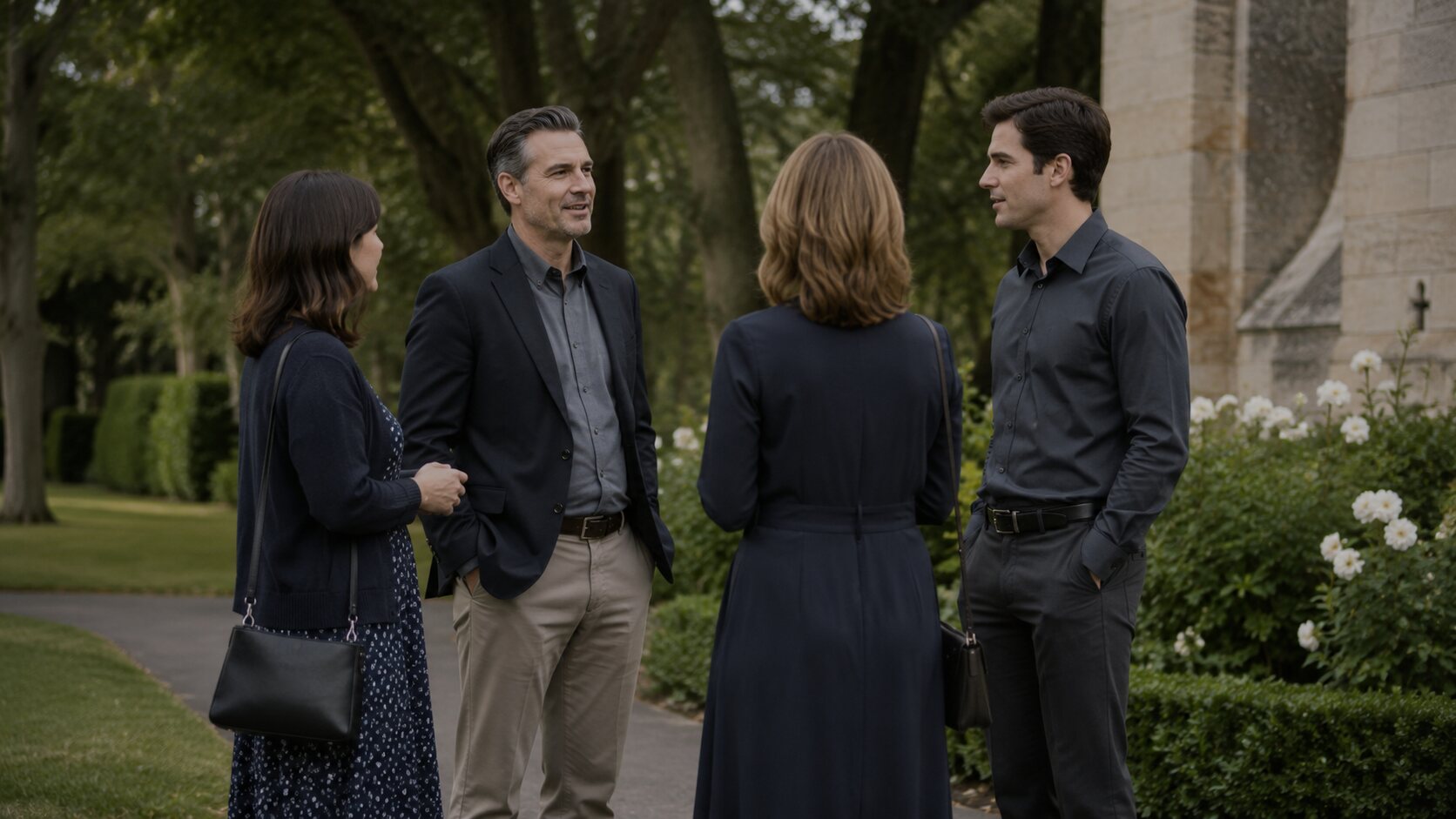 Guests in relaxed, smart-casual clothing suited to a less formal celebration of life