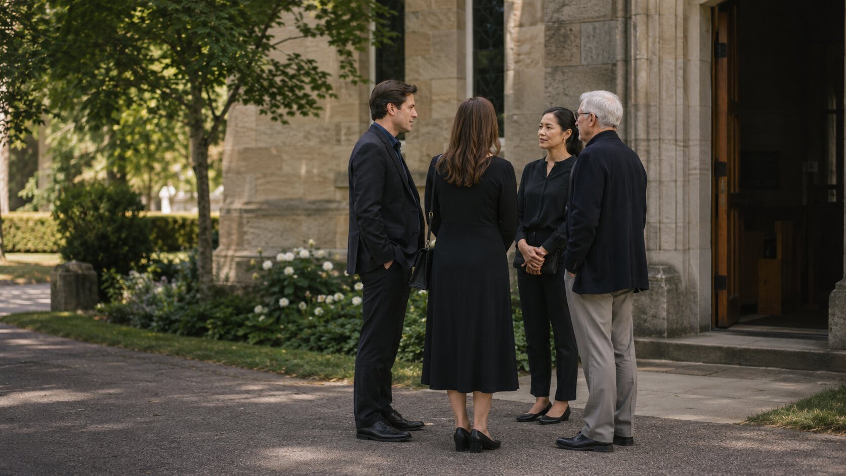 A blazer and dark trousers, a smart alternative to a full suit for a funeral