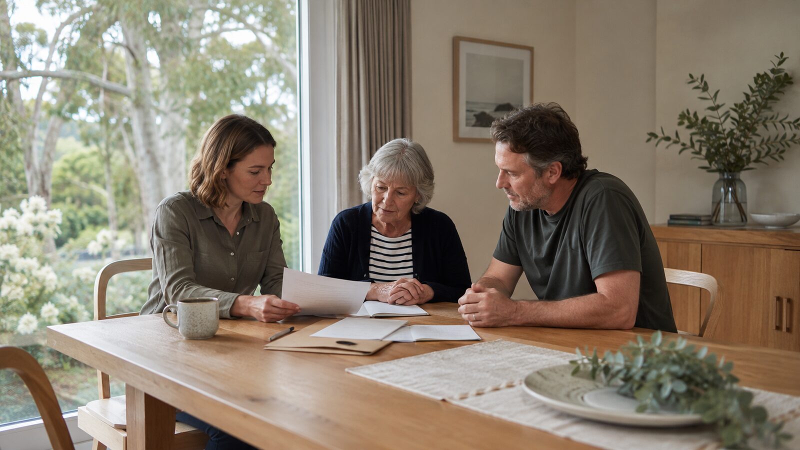 Comparing funeral prices by state: three generations discussing arrangements at a table