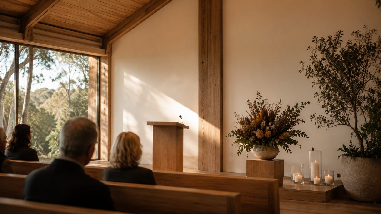Funeral readings, poems and music: a small memorial service in a warm chapel with a lectern and native flowers