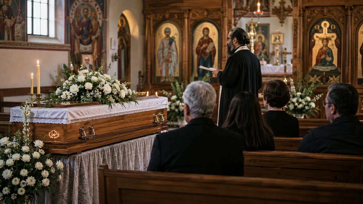 Greek Orthodox funeral in Australia: a casket and mourners inside an Orthodox church