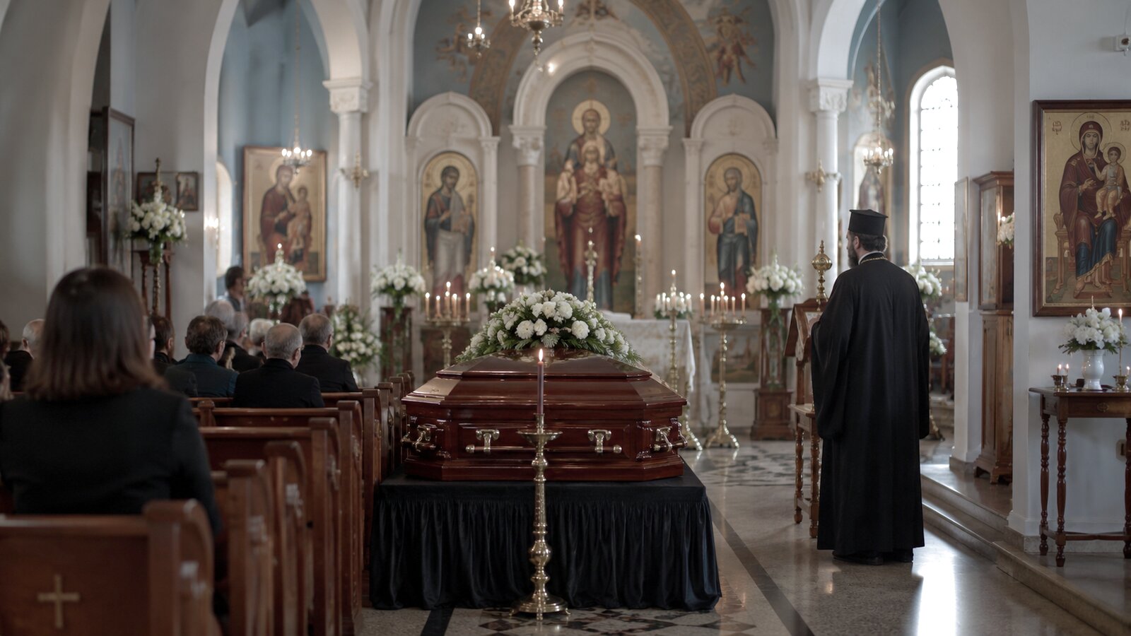 Greek Orthodox funerals in Australia: an icon-filled Orthodox church during a funeral service