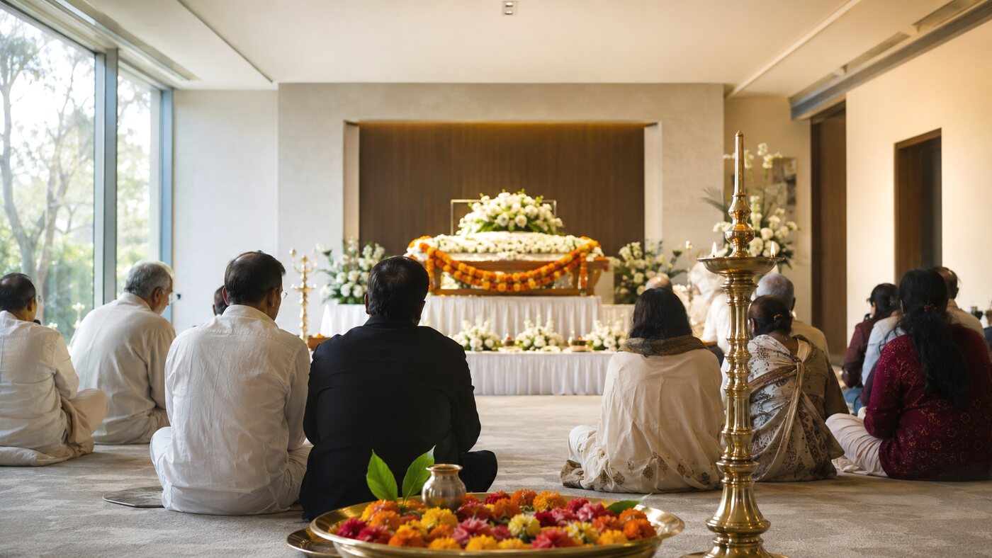 A Hindu funeral with brass oil lamps, marigolds and offerings