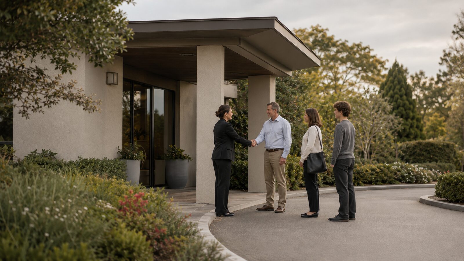 Choosing a funeral director: a director greeting a family at the entrance