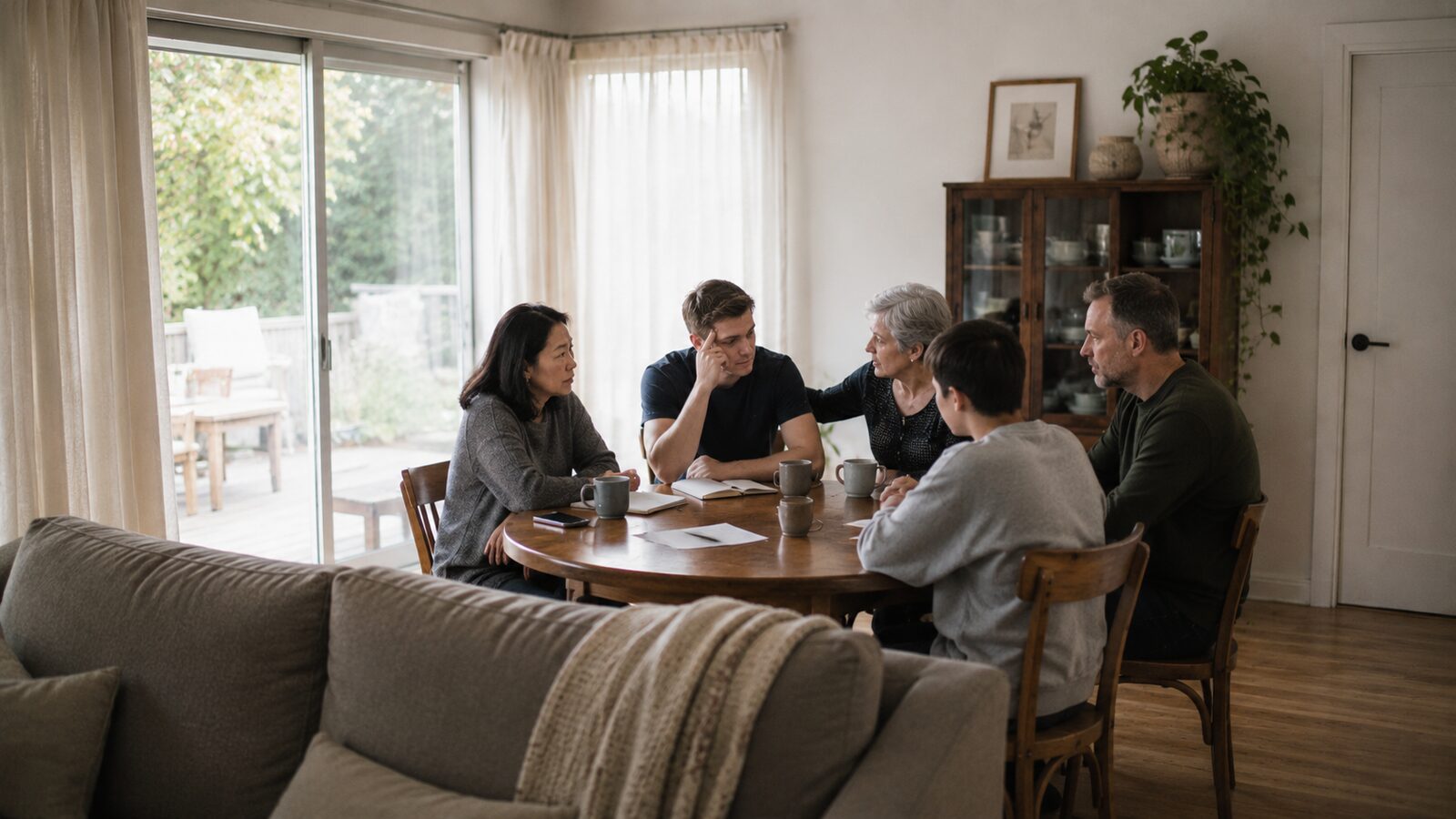 Planning a funeral in Australia: a family talking through arrangements with a funeral adviser at home