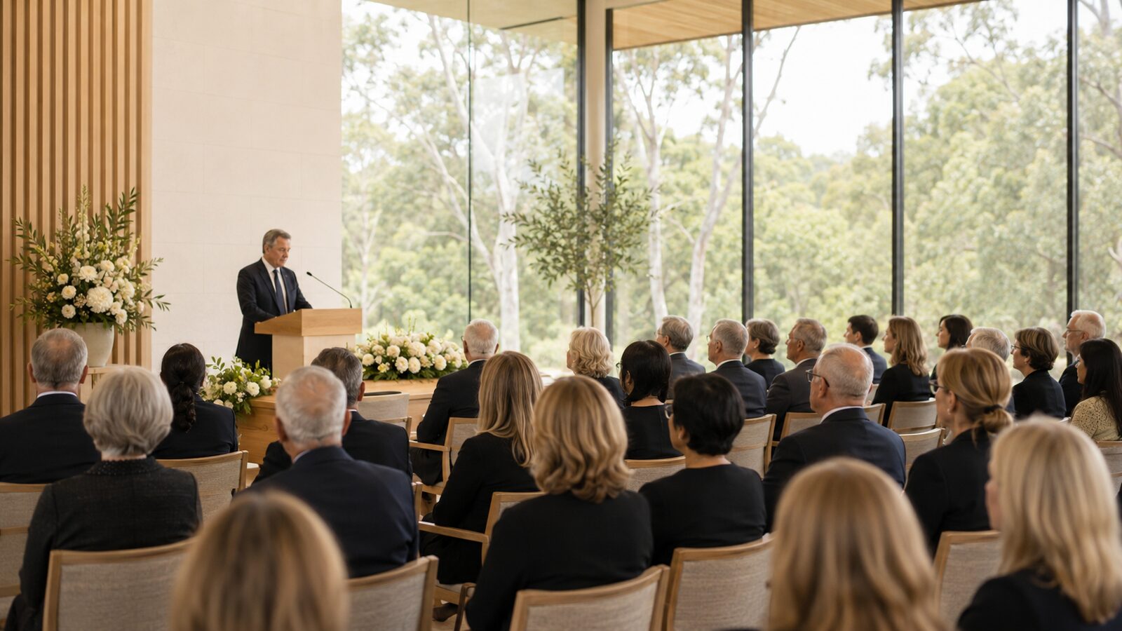 A person delivering a eulogy at a lectern in a light-filled chapel