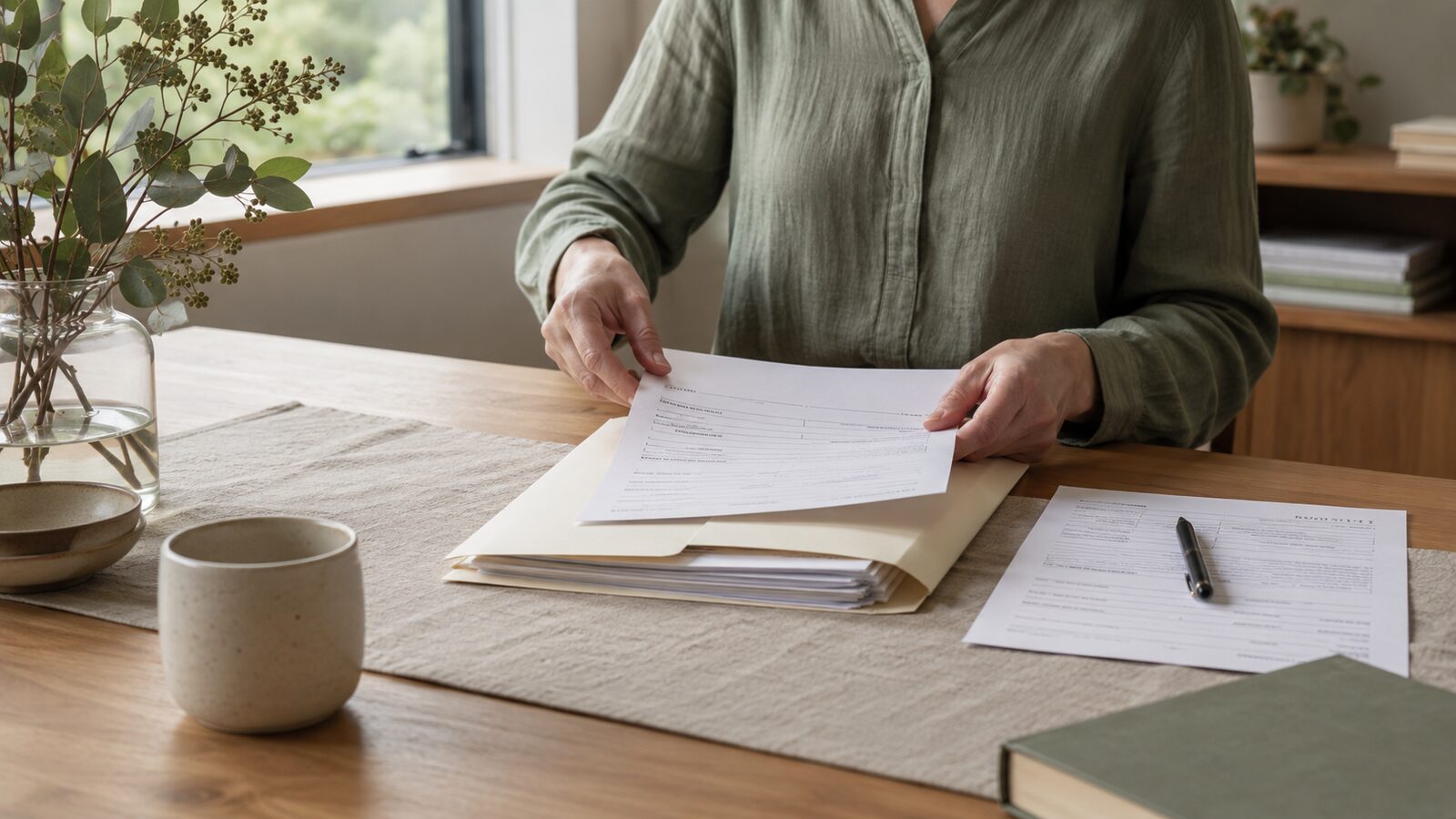 An itemised funeral quote: hands sorting funeral paperwork in a folder