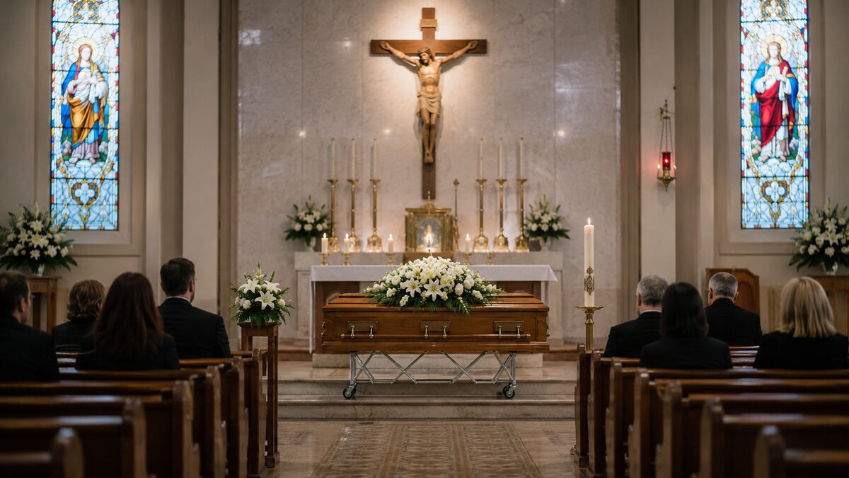 Latin American Australian funeral with family gathered around flowers and a portrait
