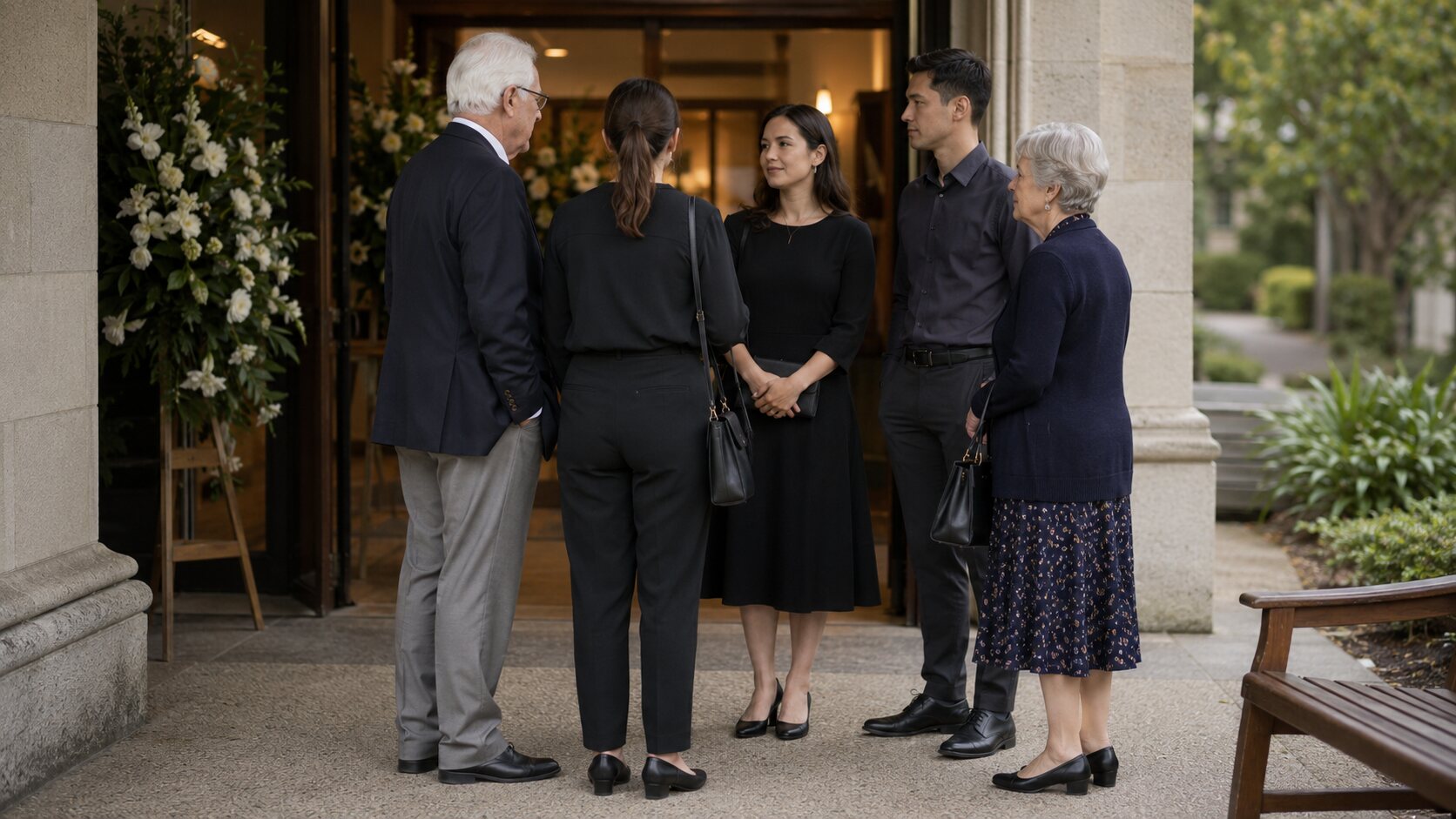 Mourners in formal dark clothing arriving at a funeral service, with floral tributes at the entrance