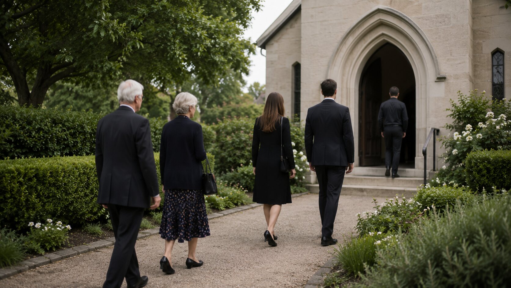 Family and friends in dark, formal clothing arriving together for a funeral service