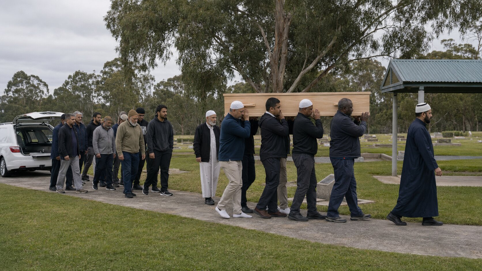 Pallbearers carrying a casket from the hearse to the burial site at an Australian cemetery, accompanied by an imam