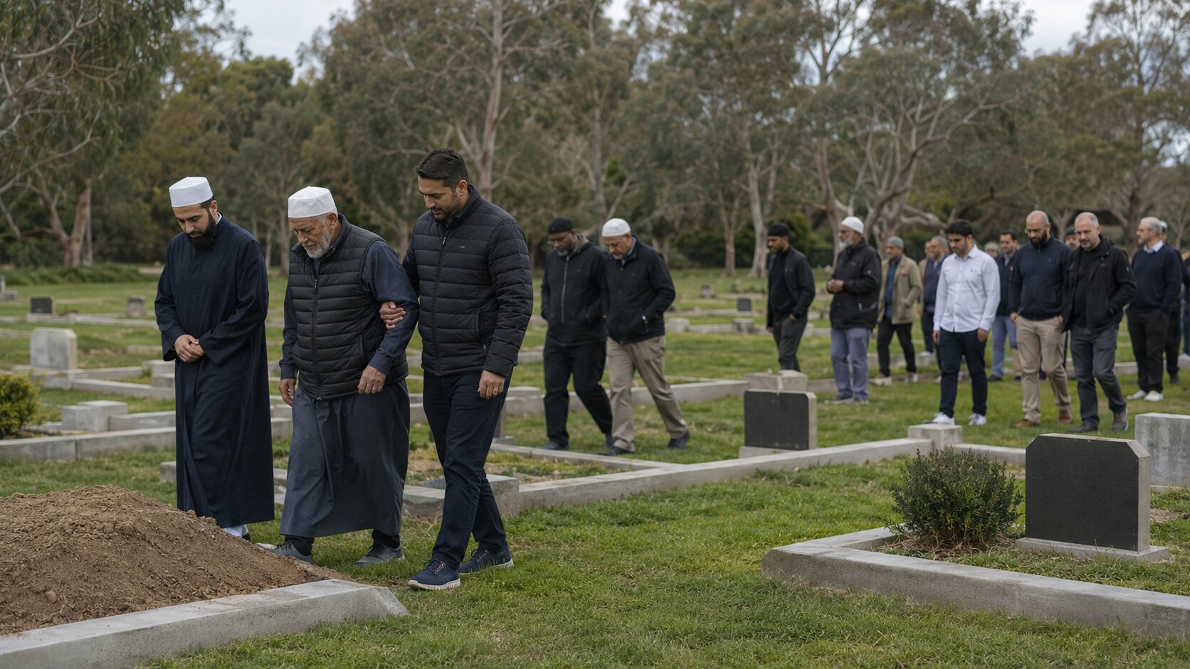 Family members and an imam walking together towards the burial site at an Australian cemetery