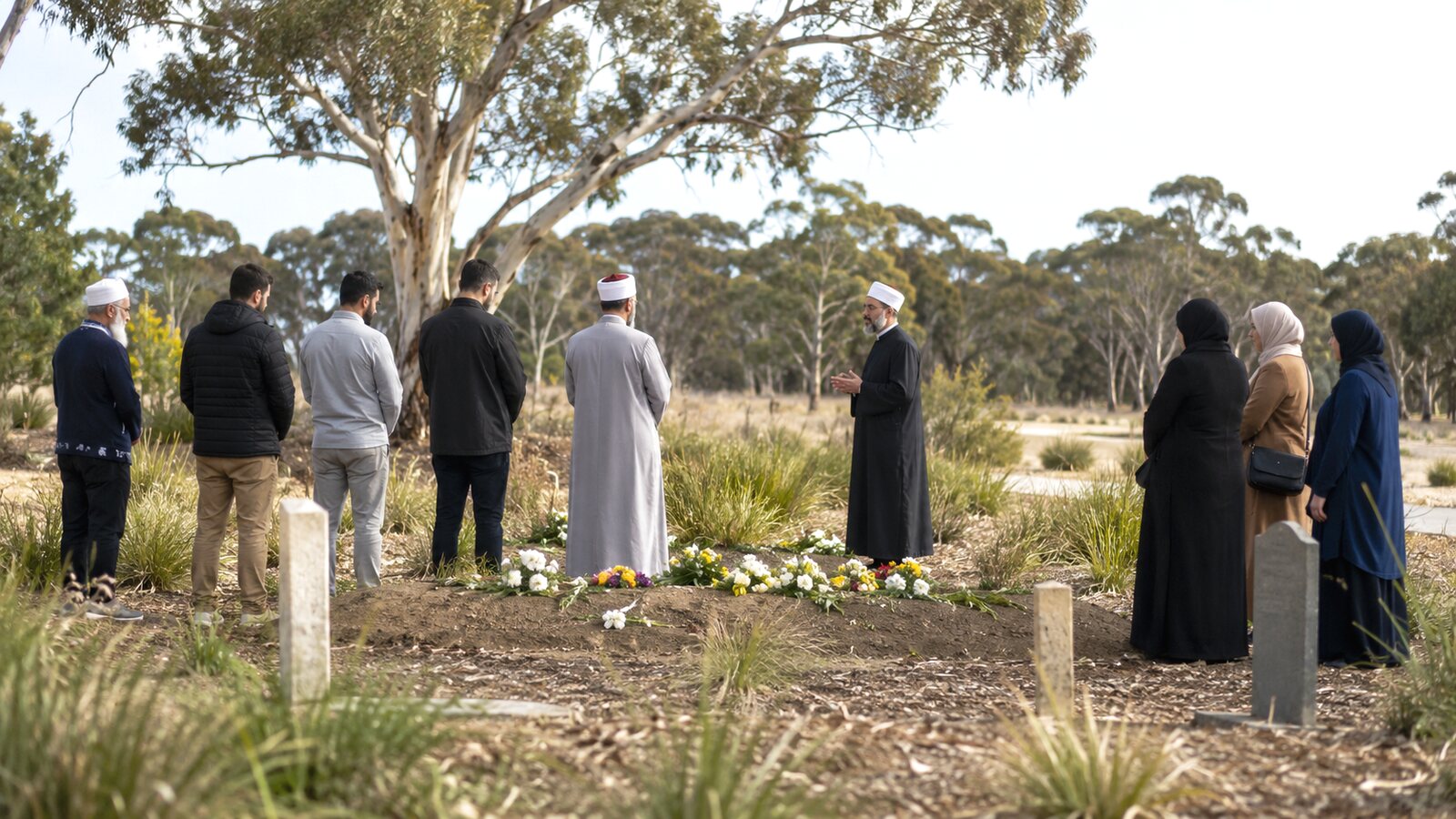 Muslim funerals in Australia: family gathered for an Islamic burial in a natural cemetery
