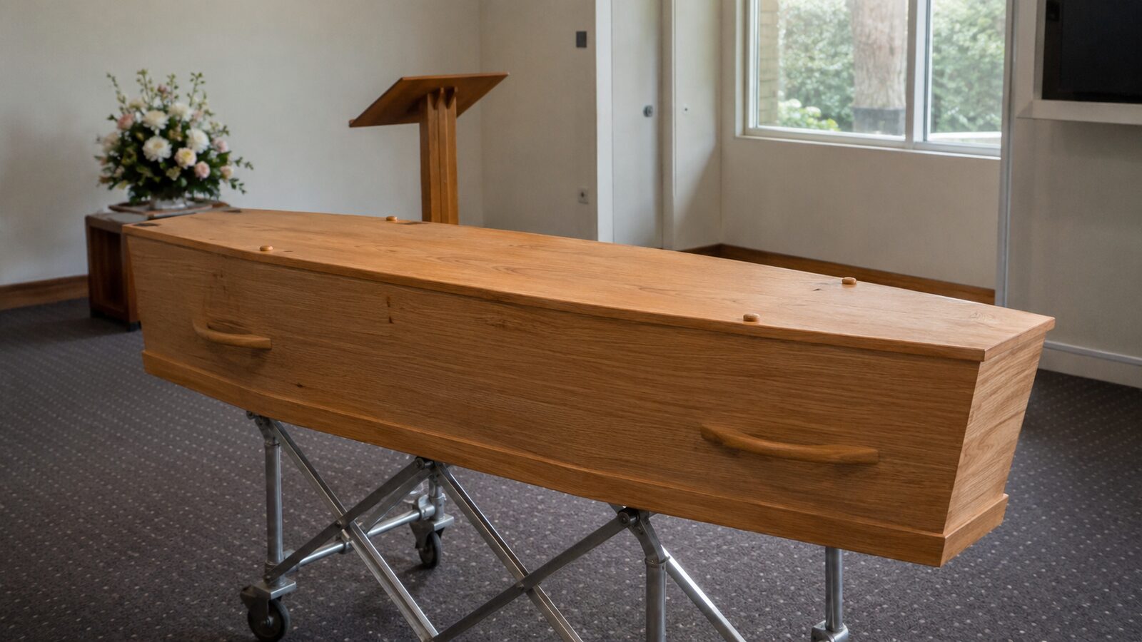 A light oak coffin, tapered and six-sided