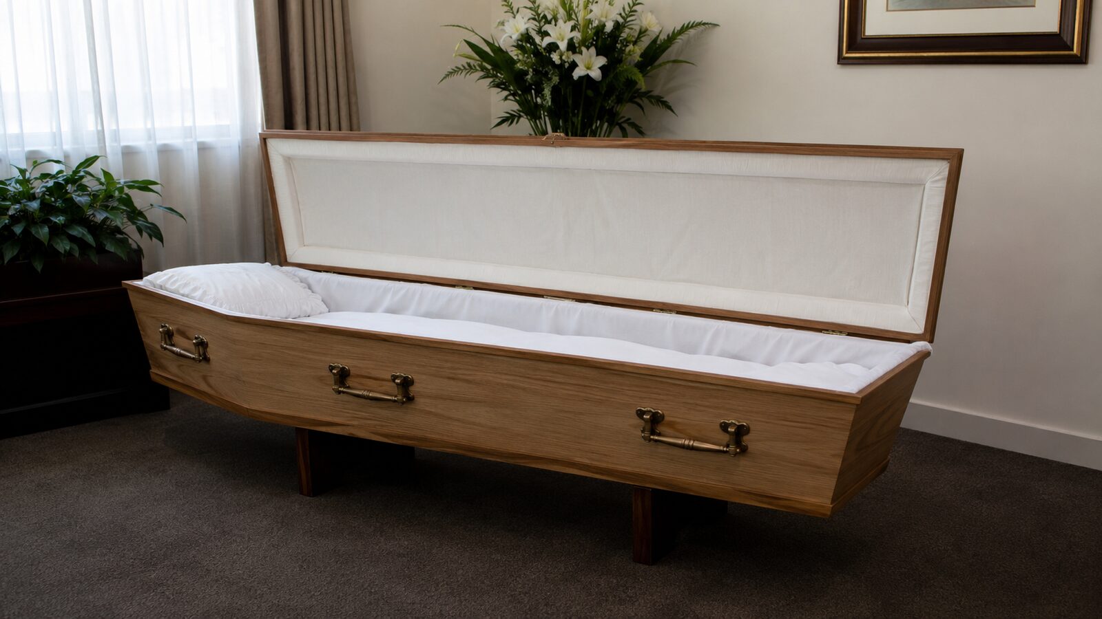 An oak coffin, open, with a soft white lining